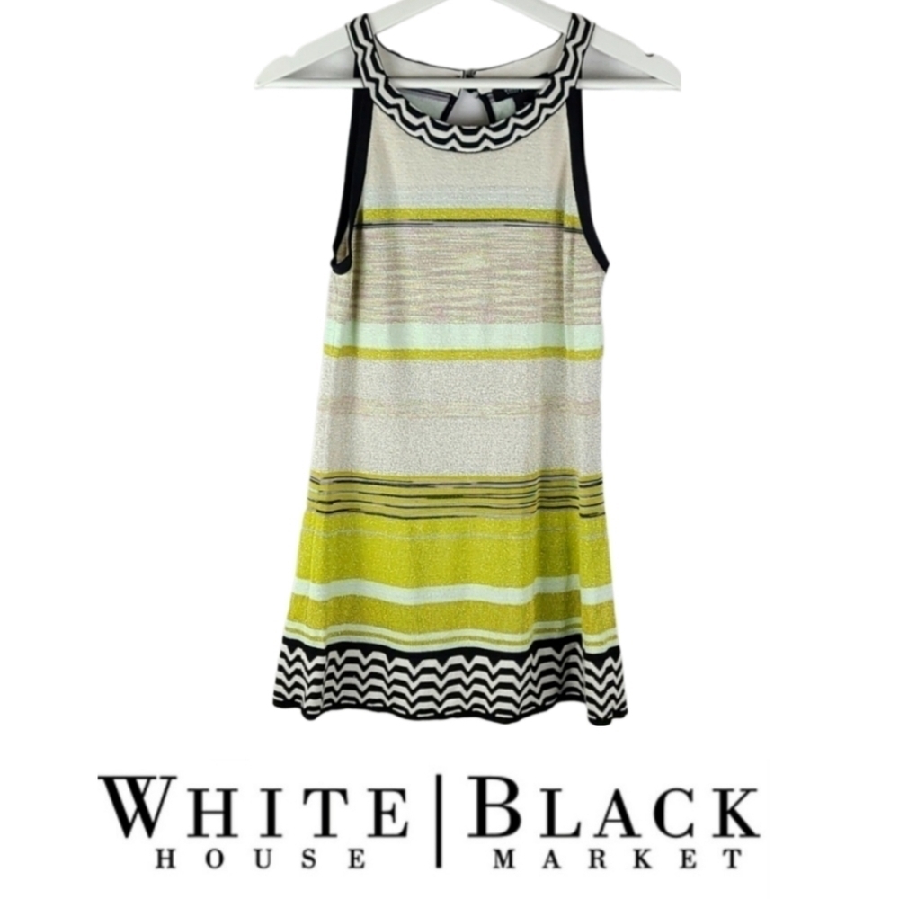 Metallic Threaded White House Black Market Striped Lime Multi Tee, XS